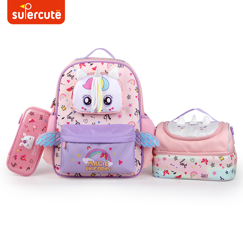 Supercute High Quality 3 In 1 School Backpack Set Lunch Bag Pencil Bag For Kids